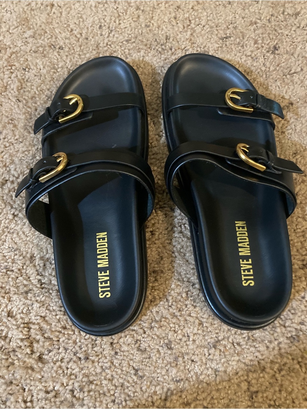 Steve Madden Leather Slide Sandals with Gold Buckles